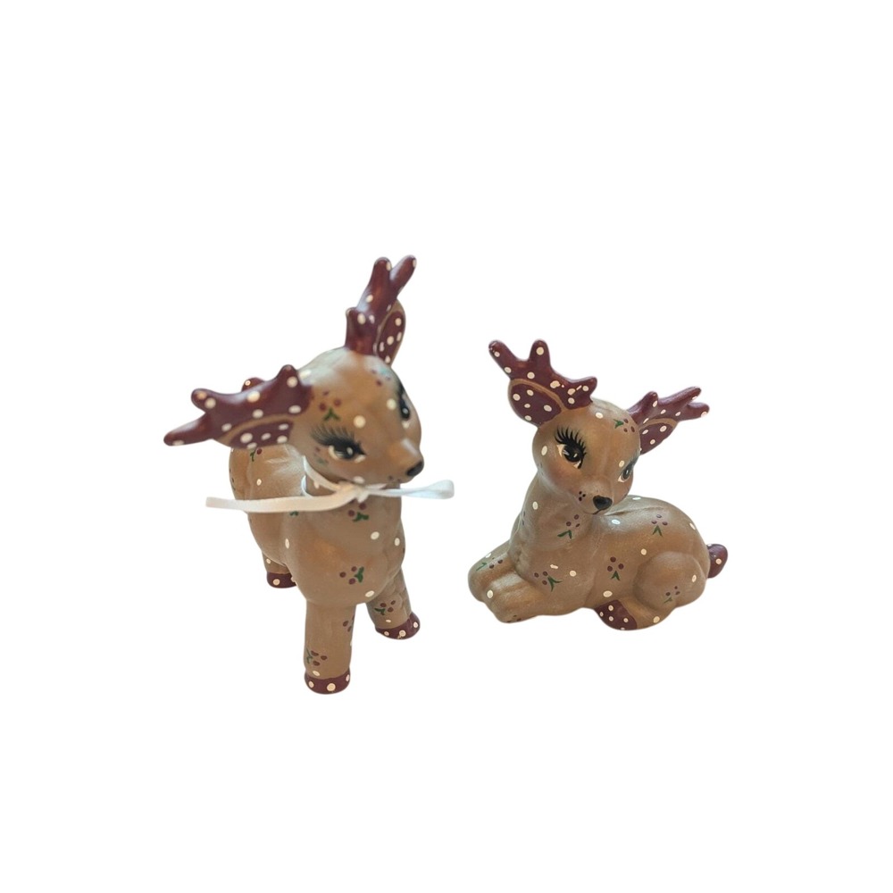 Christmas Reindeer Ceramic‎ 1986 Small Kimple Mold Figurines~Hand Painted (2)